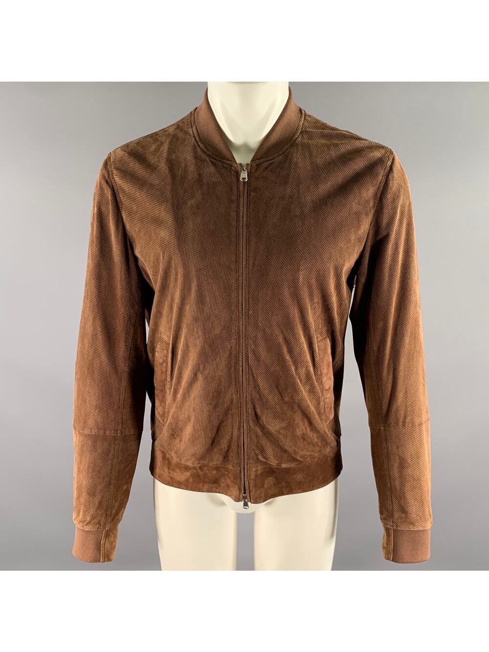 BRUNELLO CUCINELLI Size L Brown Perforated Leather Bomber Jacket
